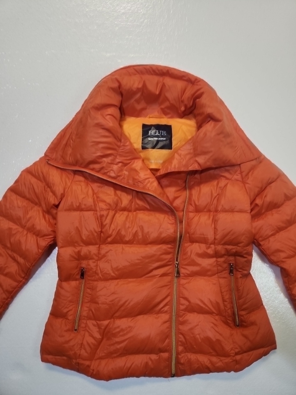 Blue Saks Fifth Avenue Orange Puffer Coat Women's Large Luxurious Feather Pretty